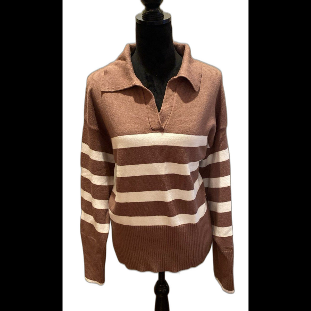 Lillusory Sweater Size Medium Collared V Neck‎ Striped Tan & Cream Super Soft
